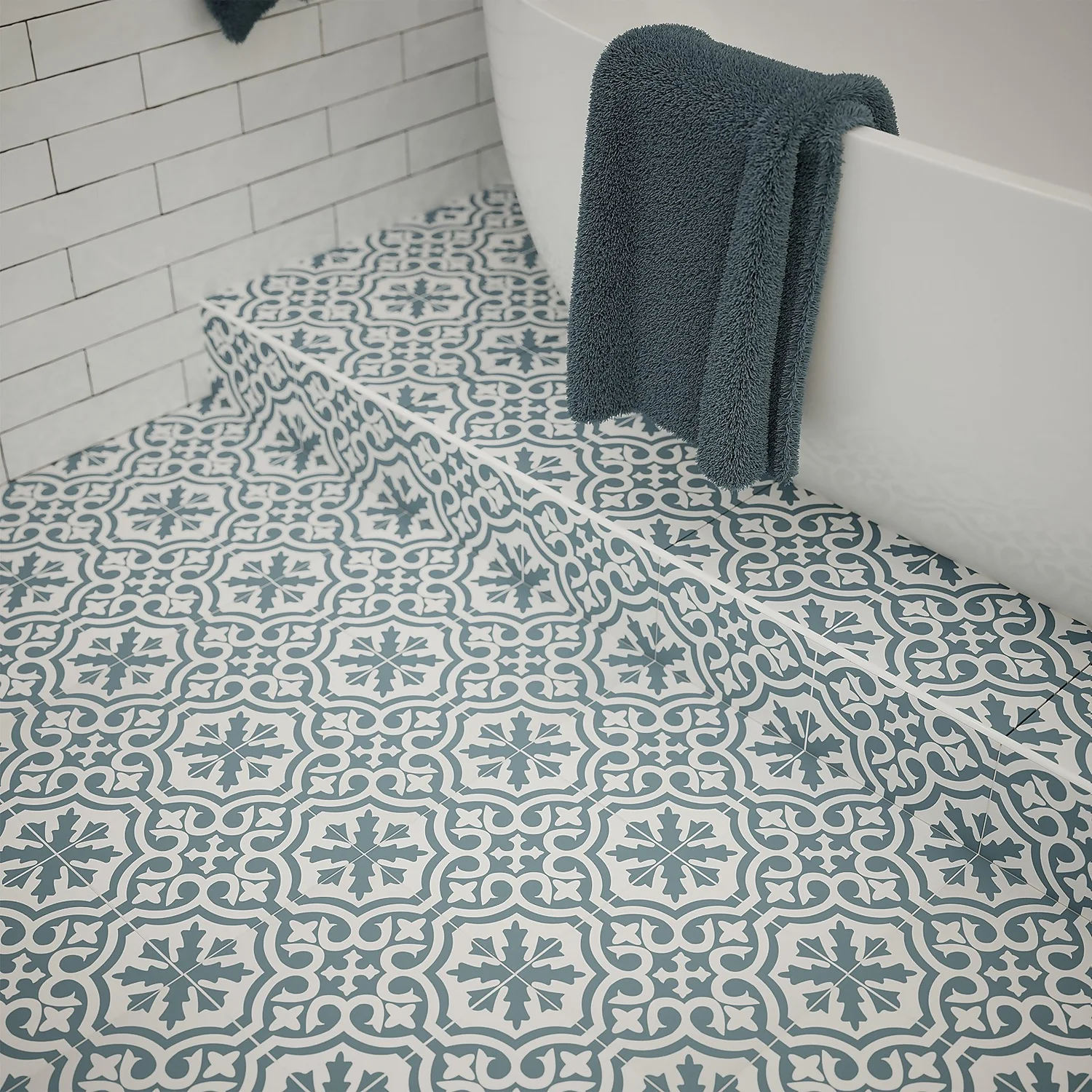 Fiore Teal / White Victorian Pre-scored Porcelain Wall & Floor Tile 450 X 450mm - 1.42sqm Pack 3 Fiore Teal / White Victorian Pre-scored Porcelain Wall & Floor Tile 450 X 450mm - 1.42sqm Pack