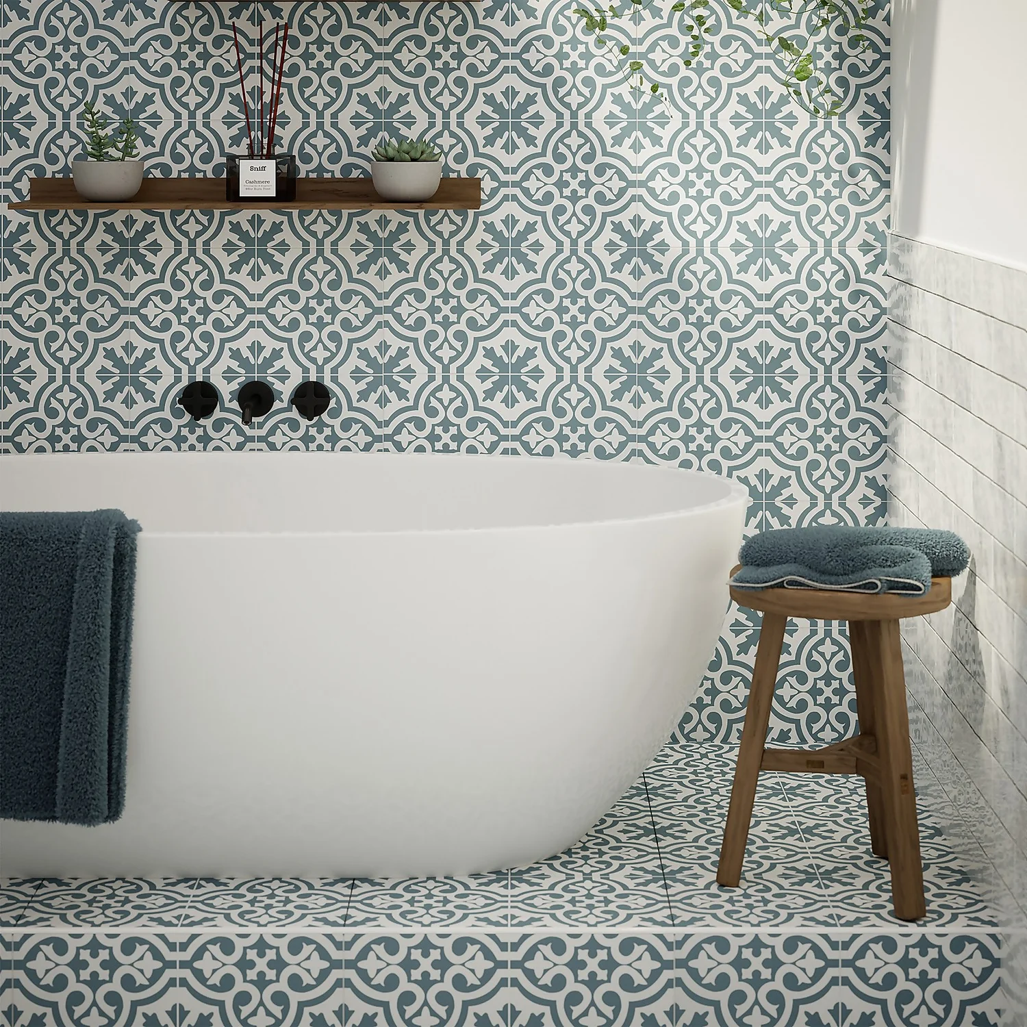 Fiore Teal / White Victorian Pre-scored Porcelain Wall & Floor Tile 450 X 450mm - 1.42sqm Pack 8 Fiore Teal / White Victorian Pre-scored Porcelain Wall & Floor Tile 450 X 450mm - 1.42sqm Pack - Image 6