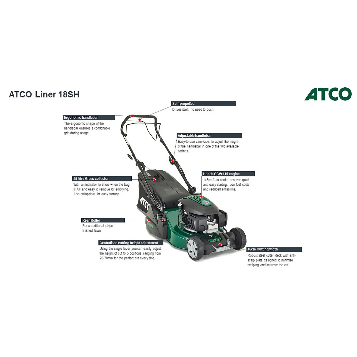 Atco 145cc Liner 18SH Petrol Lawn Mower - 46cm 5 Atco 145cc Liner 18SH Petrol Lawn Mower - 46cm - Image 3